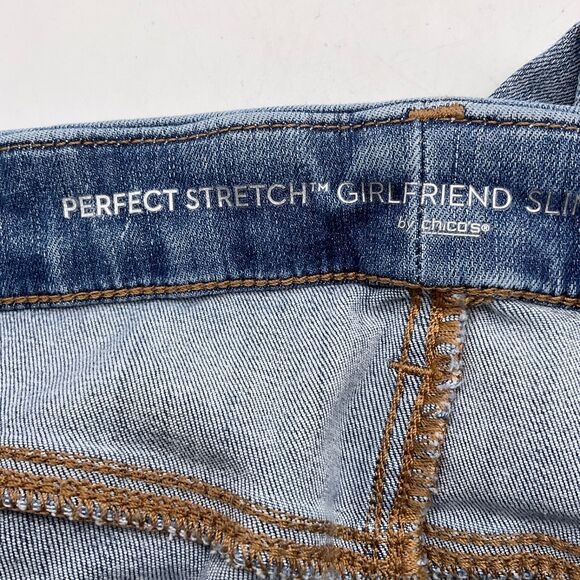 Chico's Perfect Stretch Girlfriend Slim Ankle Jeans Size 2.5R Embellished Split - Picture 3 of 14